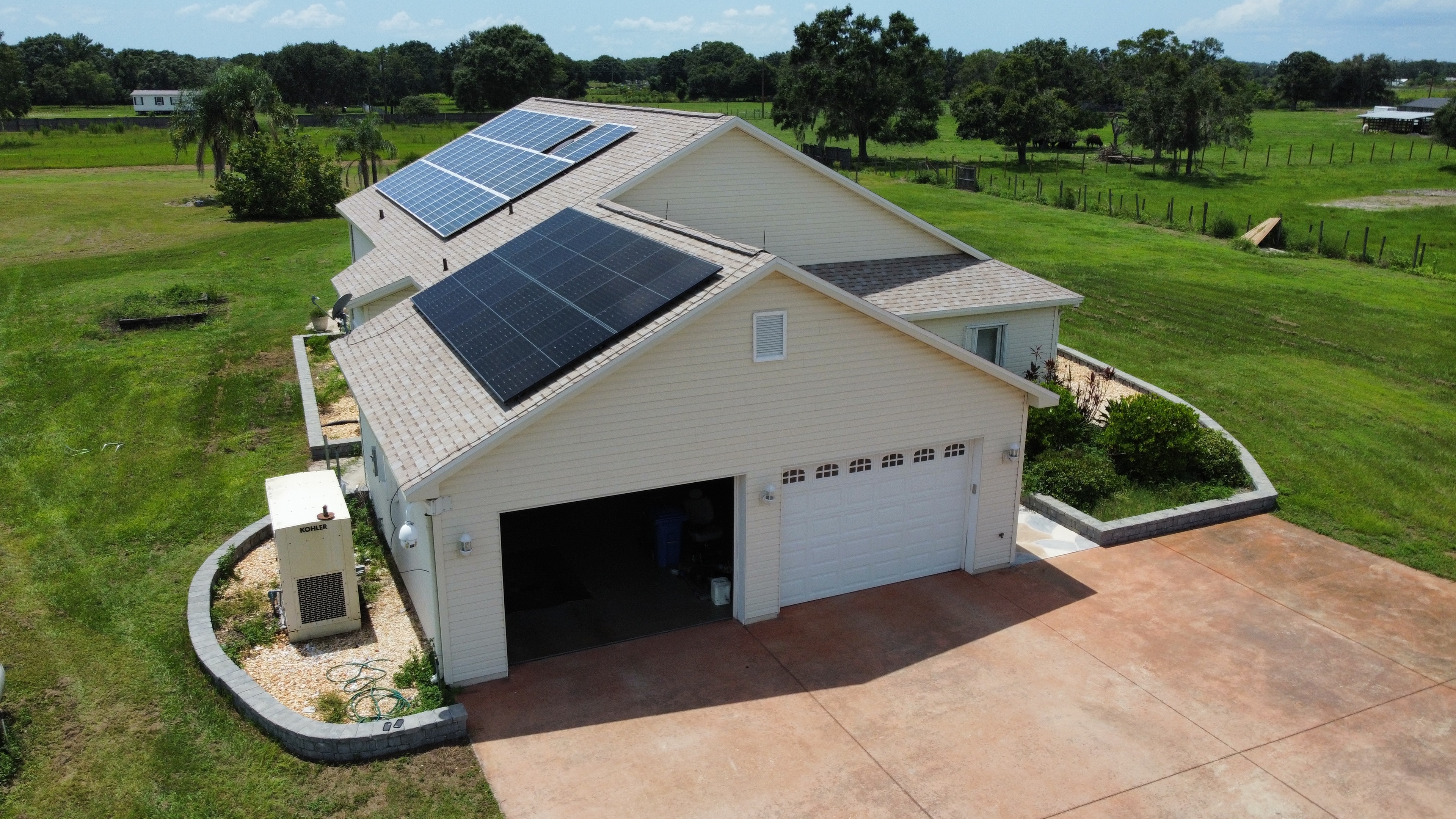 Modern rural home with solar panels